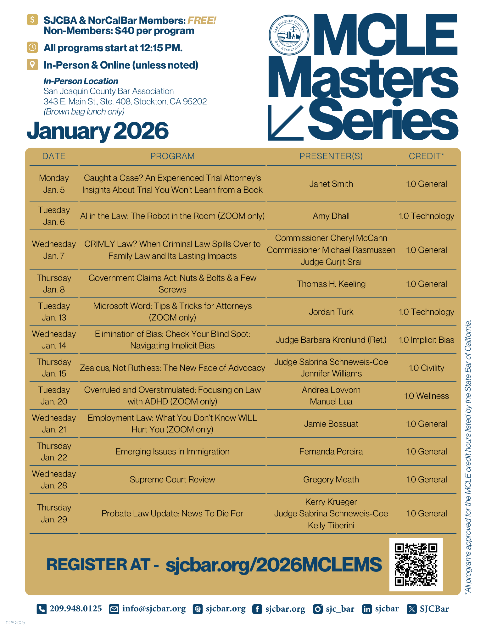 Image of flyer for SJCBA 2026 MCLE Masters Series programs happening in January 2026.